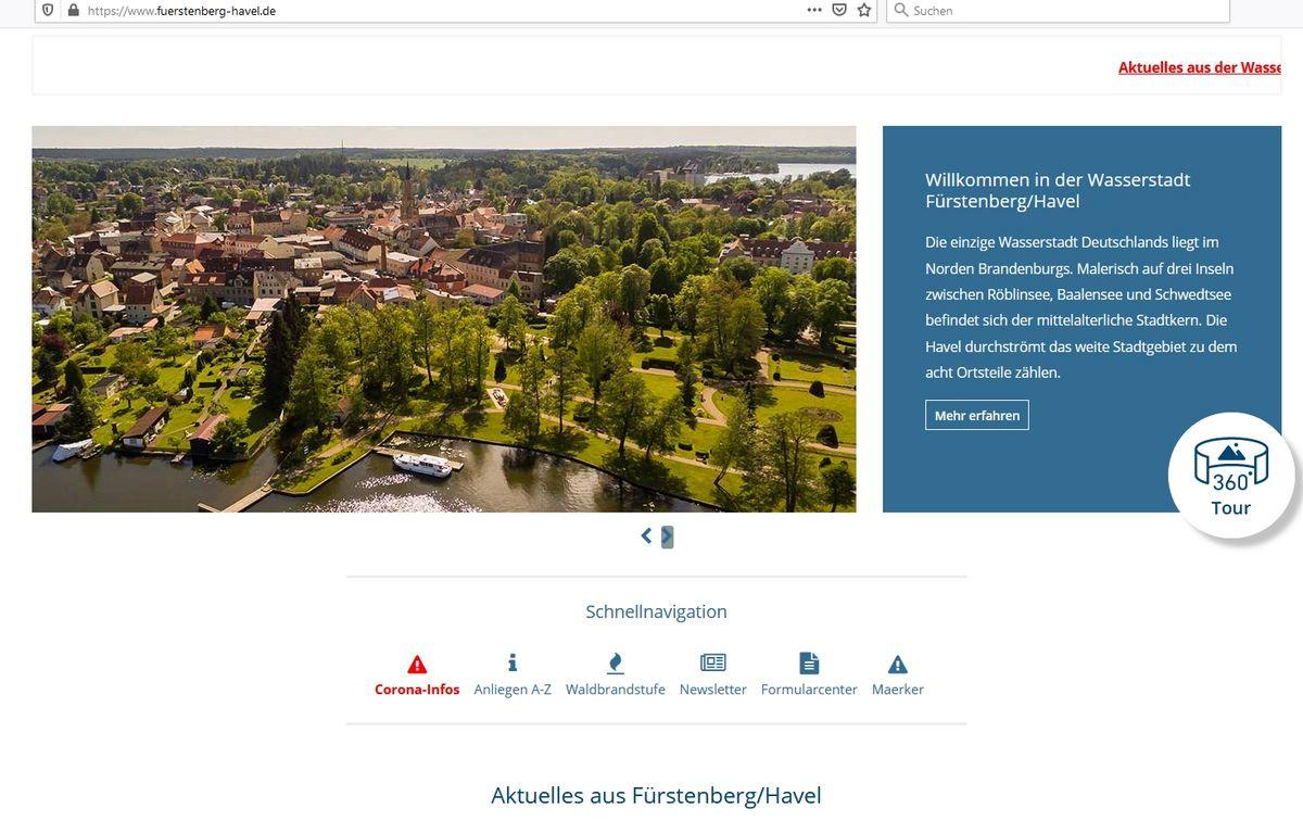 Das Foto zeigt einen Screenshot der Seite der Stadtverwaltung Fürstenberg/Havel